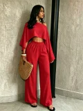 Solid Color Slash Shoulder Loose Two Piece Pants Set SFY-2817