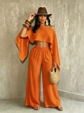 Solid Color Slash Shoulder Loose Two Piece Pants Set SFY-2817