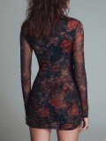 Print Mesh Long Sleeve Ruched Mini Dress GWDS-260631