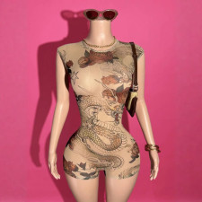 Print Mesh See Through Backless Romper GFCF-1540