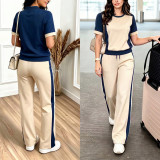Short Sleeve Color Block Sport Two Piece Pants Set SH-391627