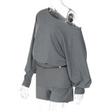 Slash Neck Long Sleeve Casual Two Piece Shorts Set LJSF-S6621890H