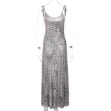 See Through Mesh Print Sling Maxi Dress LJSF-D6722149H