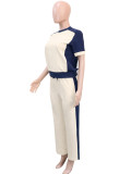 Short Sleeve Color Block Sport Two Piece Pants Set SH-391627