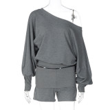 Slash Neck Long Sleeve Casual Two Piece Shorts Set LJSF-S6621890H