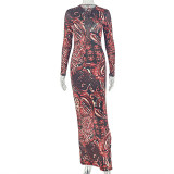 Color Block Long Sleeve Split Maxi Dress GJYO-JD305677