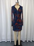 Print Mesh Long Sleeve Ruched Mini Dress GWDS-260631
