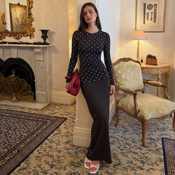 Polka Dot Print Long Sleeve Maxi Dress LJSF-D6722163X
