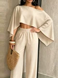 Solid Color Slash Shoulder Loose Two Piece Pants Set SFY-2817