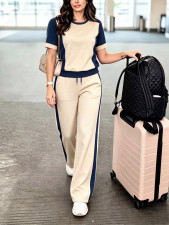 Short Sleeve Color Block Sport Two Piece Pants Set SH-391627