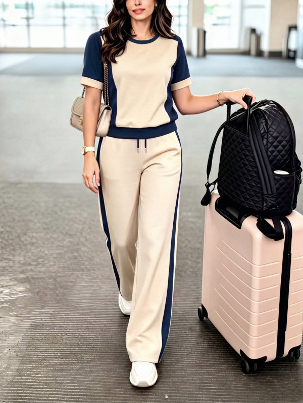 Short Sleeve Color Block Sport Two Piece Pants Set SH-391627