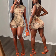 Print Mesh See Through Backless Romper GFCF-1540