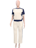 Short Sleeve Color Block Sport Two Piece Pants Set SH-391627