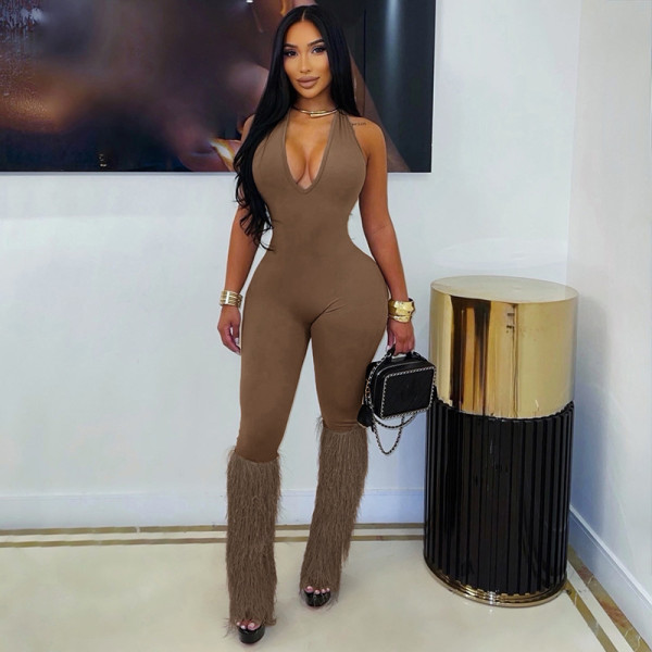 Solid Color Halterneck Tassel Jumpsuit GSZM-C26JP289