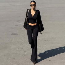 V Neck Long Sleeve Tops Flare Pants Suit LJSF-S6722134X