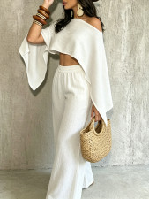 Solid Color Slash Shoulder Loose Two Piece Pants Set SFY-2817