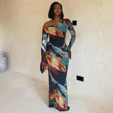 Slash Neck Long Sleeve Print Maxi Dress GJYO-JD305673