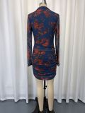 Print Mesh Long Sleeve Ruched Mini Dress GWDS-260631