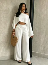 Solid Color Slash Shoulder Loose Two Piece Pants Set SFY-2817