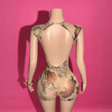 Print Mesh See Through Backless Romper GFCF-1540