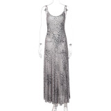 See Through Mesh Print Sling Maxi Dress LJSF-D6722149H