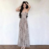 See Through Mesh Print Sling Maxi Dress LJSF-D6722149H