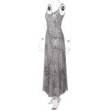 See Through Mesh Print Sling Maxi Dress LJSF-D6722149H