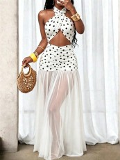 Polka Dot Print See Through Mesh Maxi Dress GQLK-6691