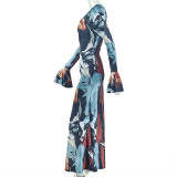 Slash Neck Long Sleeve Print Maxi Dress GJYO-JD305673