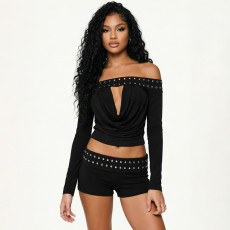 One Shoulder Rivet Pleated Two Piece Shorts Set MXBF-J26ST345