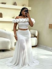 One Shoulder Hot Drill Top Mesh Long Skirt Suit GADE-9937