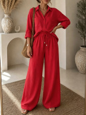 Long Sleeve Solid Color Shirt Two Piece Pants Set MIL-L399