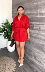 Loose V Neck Tie Up Mini Dress GADE-2546