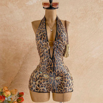 Leopard Sequin V Neck Romper GZIY-6396