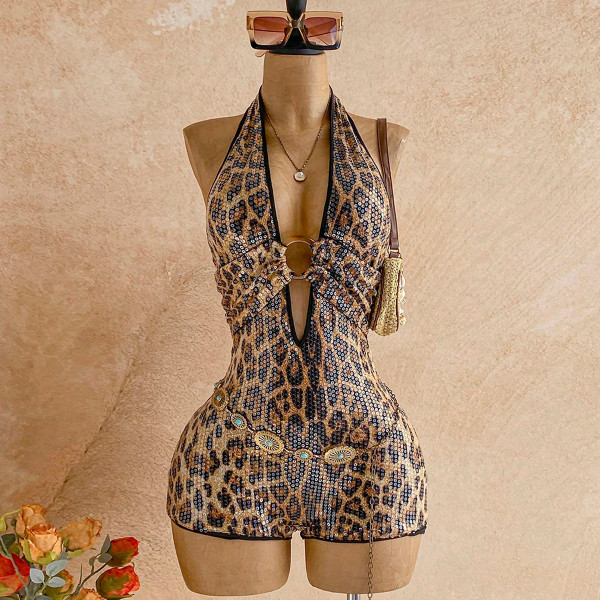 Leopard Sequin V Neck Romper GZIY-6396