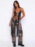 PU Leather Halterneck Tassel Bra GXBQ-81969