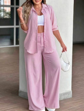 Solid Color Long Sleeve Shirt Two Piece Pants Set MIL-L398