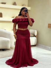 One Shoulder Hot Drill Top Mesh Long Skirt Suit GADE-9937