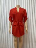 Loose V Neck Tie Up Mini Dress GADE-2546