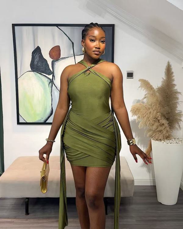 Halterneck Sleeveless Ruched Mini Dress GADE-11159