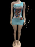 Print Slash Shoulder Mini Dress GFCF-1519