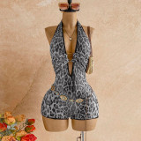 Leopard Sequin V Neck Romper GZIY-6396