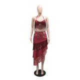 Print Patchwork Tassel Tie Up Top+Irregular Skirt 2 Piece Set CYA-902456