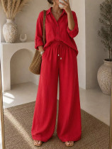 Long Sleeve Solid Color Shirt Two Piece Pants Set MIL-L399
