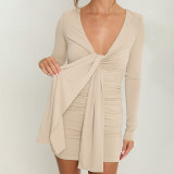 Solid Color Long Sleeve Ruched Mini Dress GSZM-C26DS319