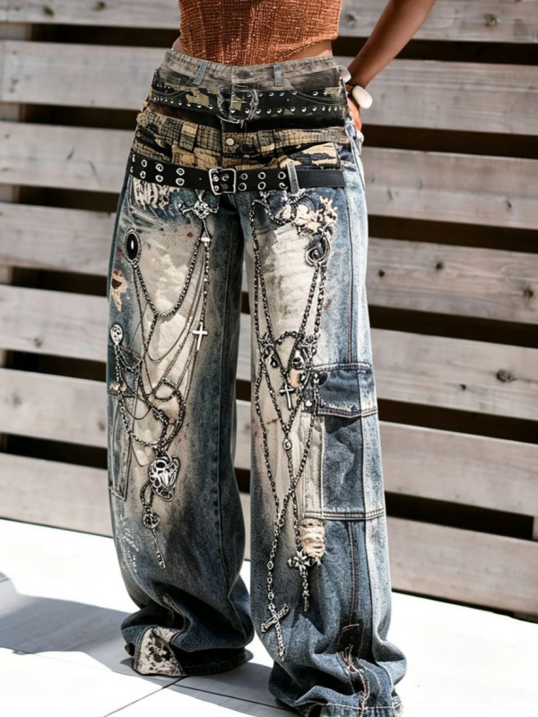 Plus Size Fashion 3D Chain Print Jeans GYLN-0928