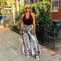 Plus Size Chain Letter Print Straight Jeans GYLN-3306