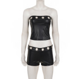 PU Leather Wrap Chest Top Two Piece Short Set GPKJ-MR48138