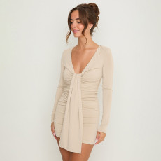 Solid Color Long Sleeve Ruched Mini Dress GSZM-C26DS319