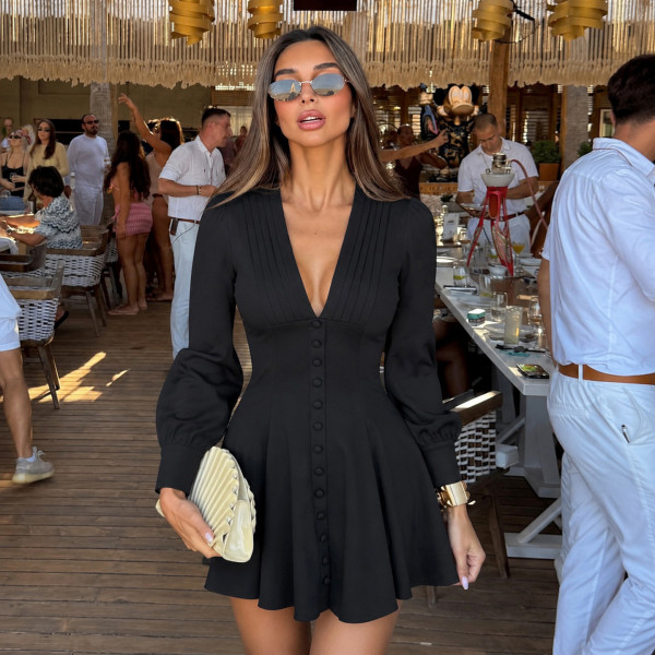 Deep V Neck Long Sleeve Mini Dress GPKJ-MR49373